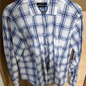 Bugatchi White and Blue Plaid Casual Button-Down Shirt